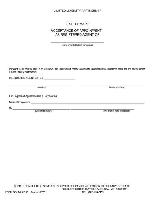 Fillable Form Mllp-18 - Acceptance Of Appointment As Registered Agent Of - Limited Liability Partnership Printable pdf
