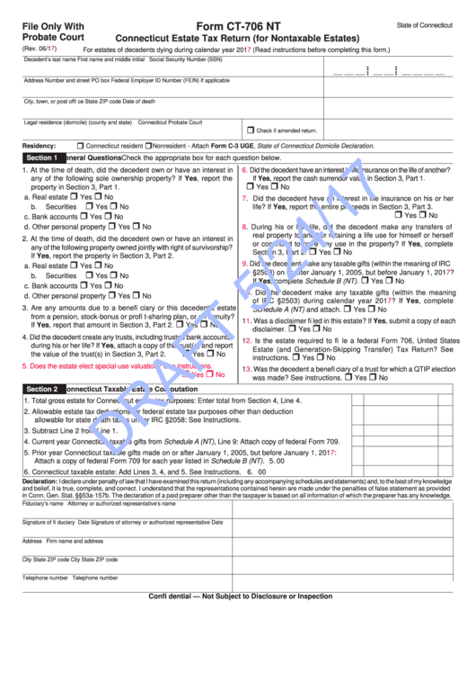 Form Ct-706 Nt Draft - Connecticut Estate Tax Return (For Nontaxable Estates) Printable pdf