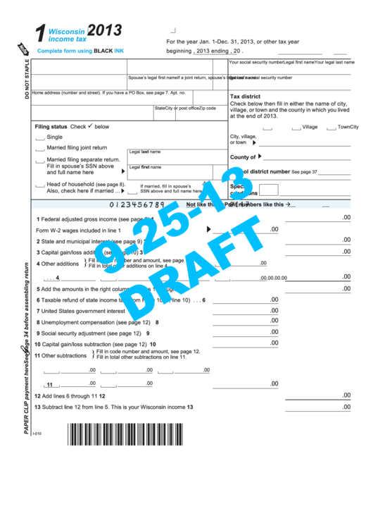 Form 1 Draft - Wisconsin Income Tax - 2013 Printable pdf