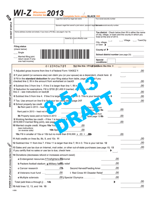 Form Wi-Z Draft - Wisconsin Income Tax - 2013 Printable pdf