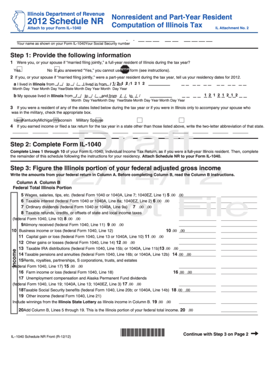 Form Il-1040 Draft - Schedule Nr - Nonresident And Part-Year Resident Computation Of Illinois Tax - 2012 Printable pdf