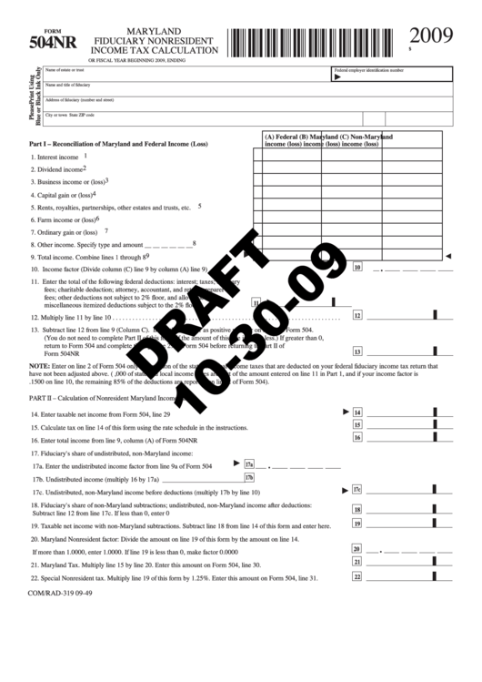 Fillable Form 504nr Draft- Maryland Fiduciary Nonresident Income Tax Calculation - 2009 Printable pdf