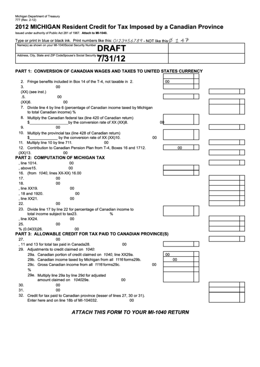 Form 777 Draft - Michigan Resident Credit For Tax Imposed By A Canadian Province - 2012 Printable pdf