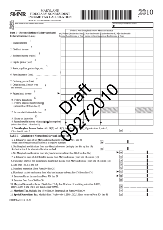 Form 504nr Draft - Maryland Fiduciary Nonresident Income Tax Calculation - 2010 Printable pdf