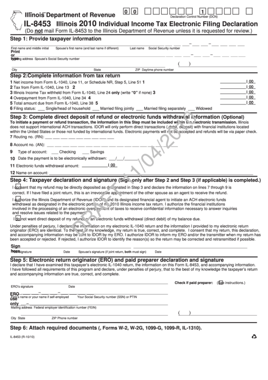 Form Il-8453 Draft - Illinois Individual Income Tax Electronic Filing Declaration - 2010 Printable pdf