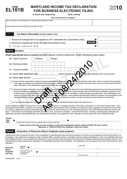 Form El101b Draft - Maryland Income Tax Declaration For Business Electronic Filing - 2010 Printable pdf