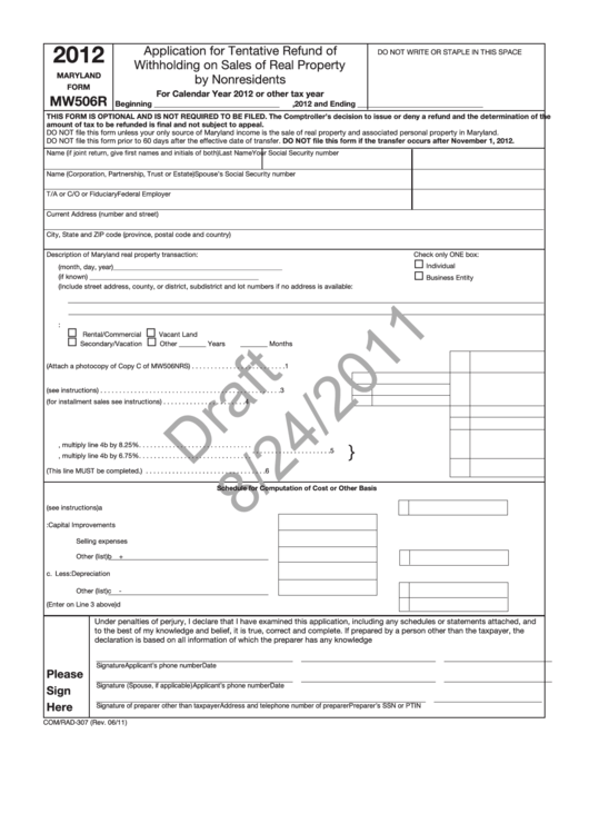 Form Mw506r Draft - Application For Tentative Refund Of Withholding On Sales Of Real Property By Nonresidents 2012 Printable pdf