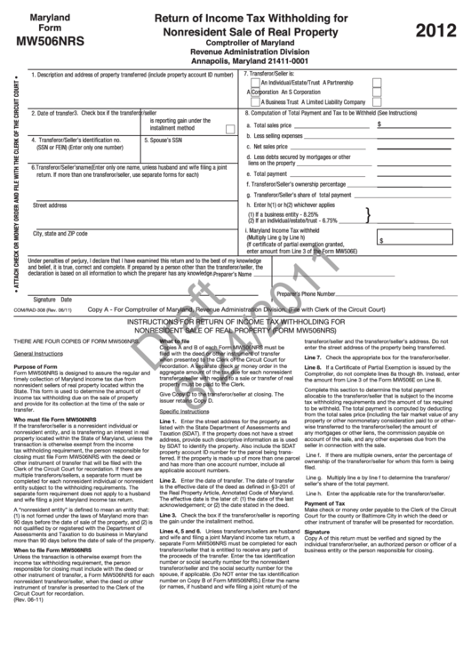 Form Mw506nrs (Draft) - Return Of Income Tax Withholding For Nonresident Sale Of Real Property - 2012 Printable pdf