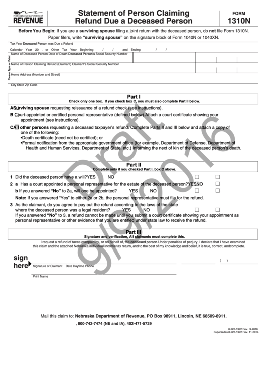 Form 1310n - Statement Of Person Claiming Refund Due A Deceased Person Printable pdf