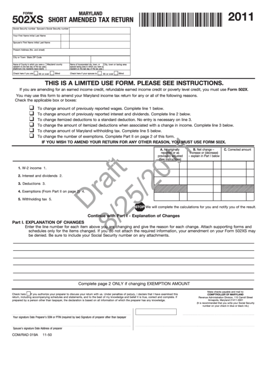 Form 502xs Draft - Maryland Short Amended Tax Return - 2011 Printable pdf