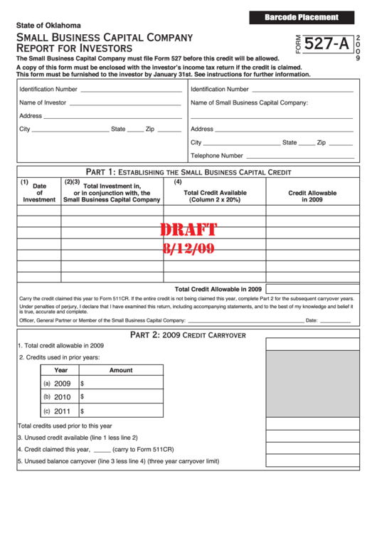 Form 527-A Draft - Small Business Capital Company Report For Investors - 2009 Printable pdf