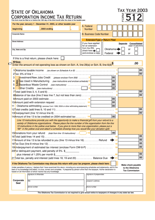 Fillable Form 512 - Oklahoma Corporation Income Tax Return - 2003 Printable pdf