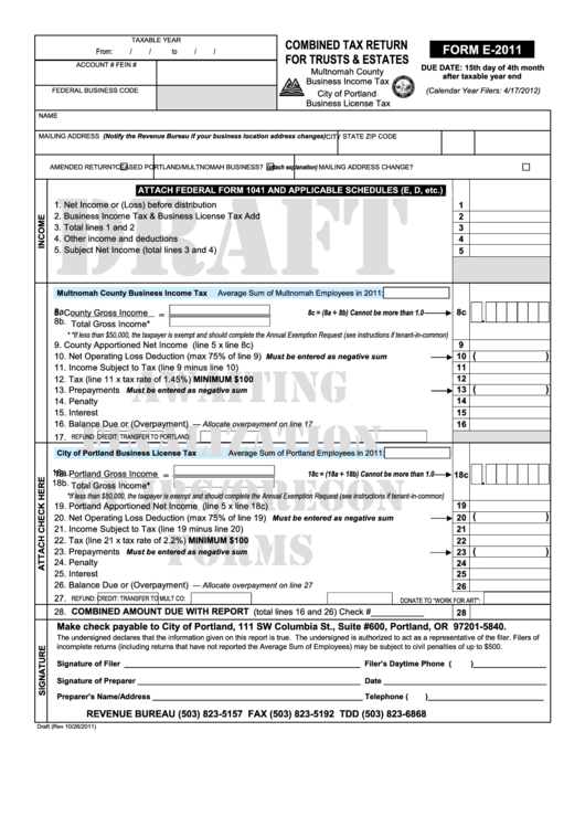 Form E-2011 Draft - Combined Tax Return For Trusts & Estates - Multnomah County Business Income Tax Printable pdf