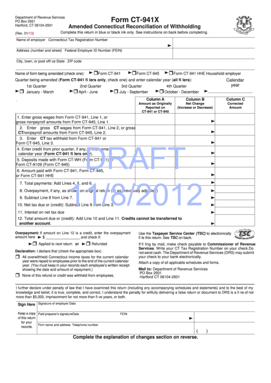 Form Ct-941x Draft - Amended Connecticut Reconciliation Of Withholding - 2013