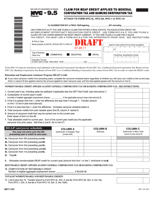 Form Nyc-9.5 Draft - Claim For Reap Credit Applied To General Corporation Tax And Banking Corporation Tax - 2011 Printable pdf