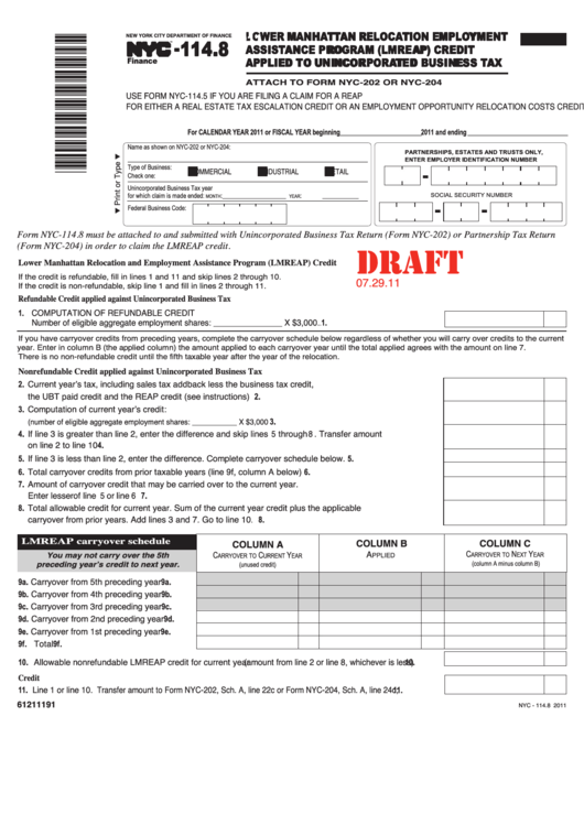 Form Nyc-114.8 Draft - Lmreap Credit Applied To Unincorporated Business Tax - 2011 Printable pdf