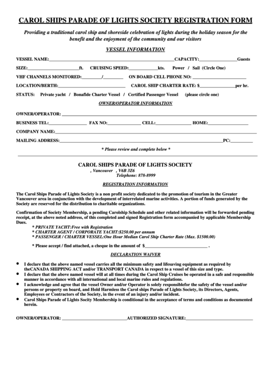 Carol Ships Parade Of Lights Society Registration Form Printable pdf
