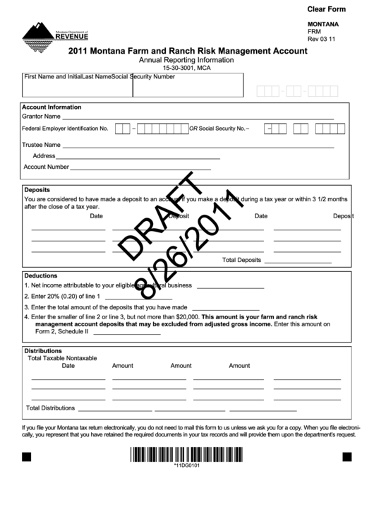 Fillable Montana Form Frm Draft - Montana Farm And Ranch Risk Management Account - 2011 Printable pdf