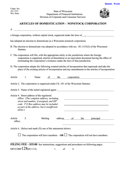 Fillable Form Dfi/corp128 - Articles Of Domestication - Nonstock Corporation Printable pdf