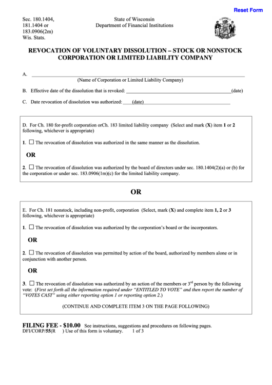 Fillable Form 55 - Revocation Of Voluntary Dissolution - Stock Or Nonstock Corporation Or Limited Liability Company Printable pdf