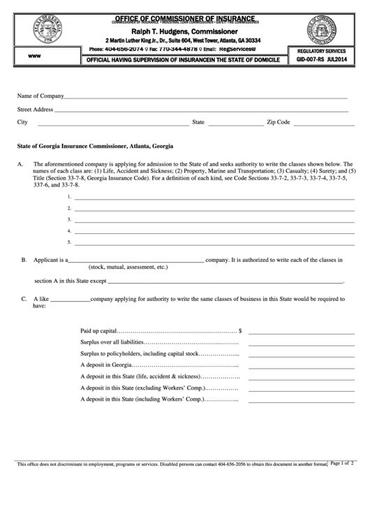 Fillable Form Gid-007-Rs - Official Having Supervision Of Insurance In The State Of Domicile - Georgia Office Of Commissioner Of Insurance Printable pdf