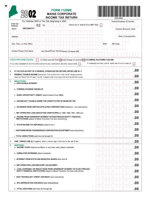 Form 1120me - Maine Corporate Income Tax Return - 2002 Printable pdf