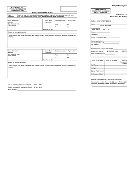 Application For Employment Template Printable pdf