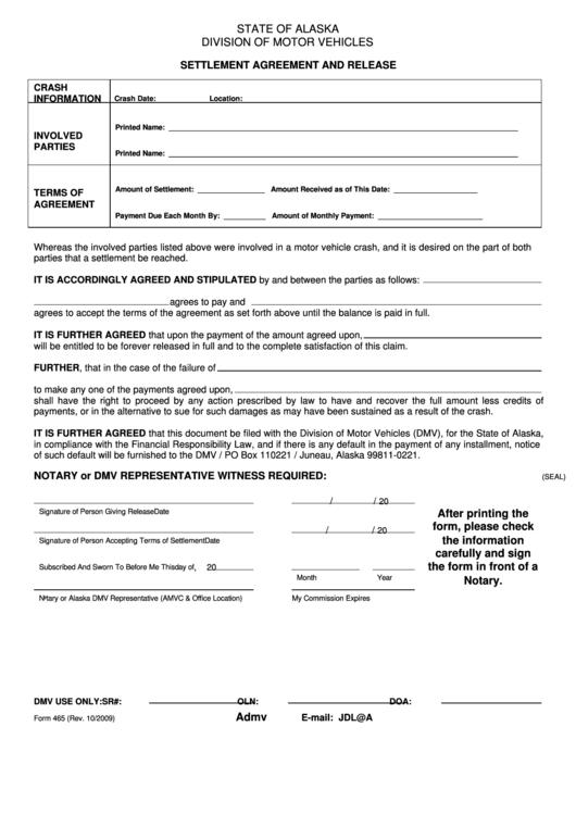 Fillable Form 465 - Settlement Agreement And Release Division Of Motor Vehicles State Of Alaska Printable pdf