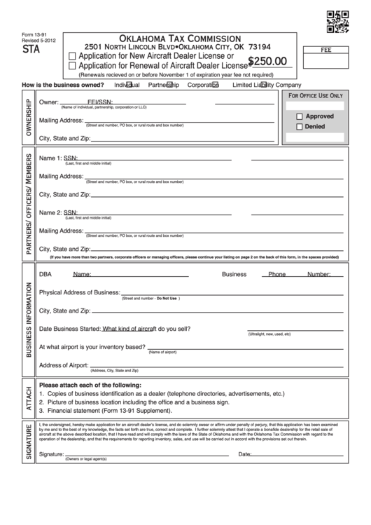 Fillable Form 13-91 - Application For New Aircraft Dealer License Or Application For Renewal Of Aircraft Dealer License Printable pdf