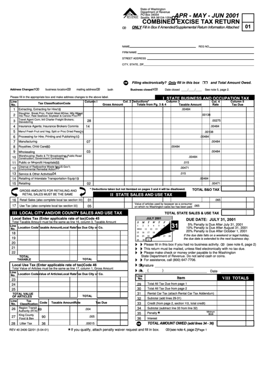 Combined Excise Tax Return Form - Apr - May - Jun 2001 Printable pdf