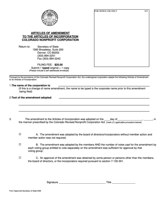 Articles Of Amendment To The Articles Of Incorporation - Colorado Secretary Of State Printable pdf