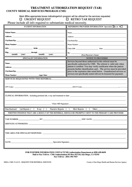 Fillable Treatment Authorization Request (Tar) - County Medical Services Program (Cms) Printable pdf