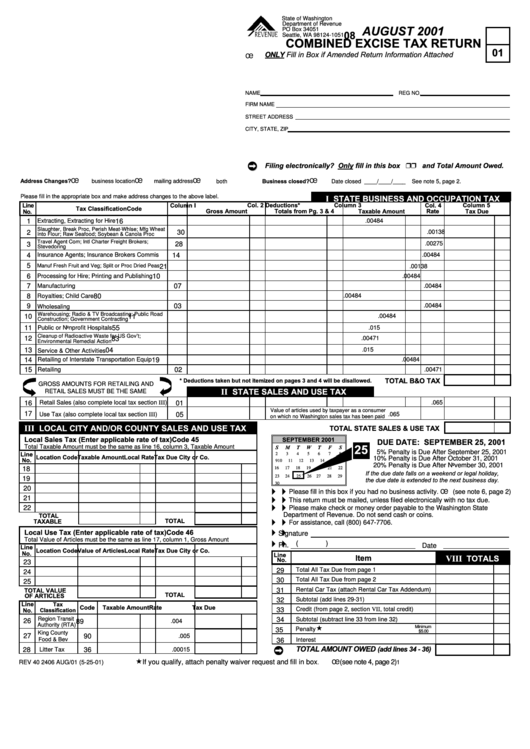Combined Excise Tax Return Form - August 2001 Printable pdf