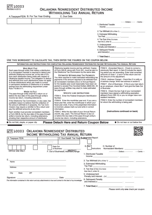 Fillable Form Wtp 10003 - Oklahoma Nonresident Distributed Income Withholding Tax Annual Return Printable pdf