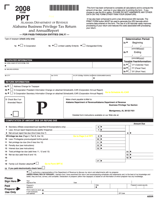 Fillable Form Ppt -Alabama Business Privilege Tax Return-Annual Report - 2008 Printable pdf