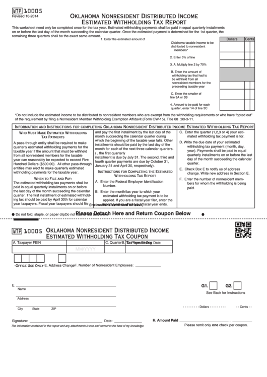 Fillable Oklahoma Nonresident Distributed Income Estimated Withholding Tax Report Form Printable pdf