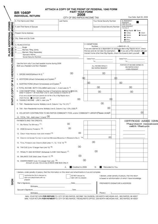Fillable Form Br 1040p - Individual Return - City Of Big Rapids Income Tax - 2008 Printable pdf