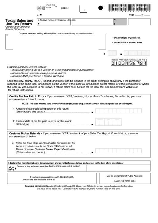 Fillable Form 01-148 - Texas Sales And Use Tax Return Form - Texas Printable pdf