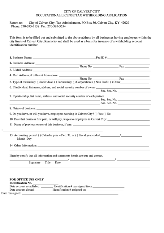 Occupational License Tax Withholding Application Form - City Of Calvert City Printable pdf