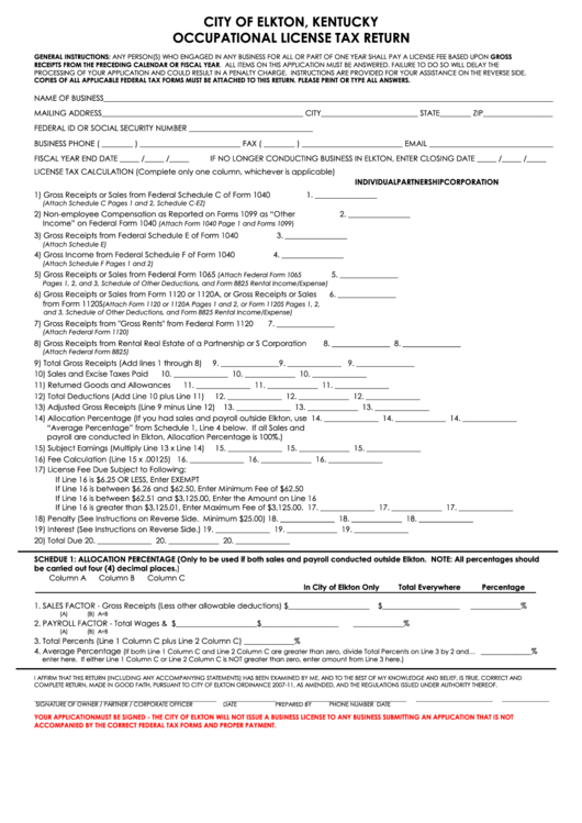 Occupational License Tax Return Form - City Of Elkton, Kentucky Printable pdf
