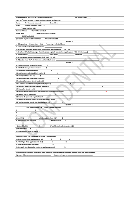 City Of Hickman, Kentucky-Net Profit License Return Form Printable pdf
