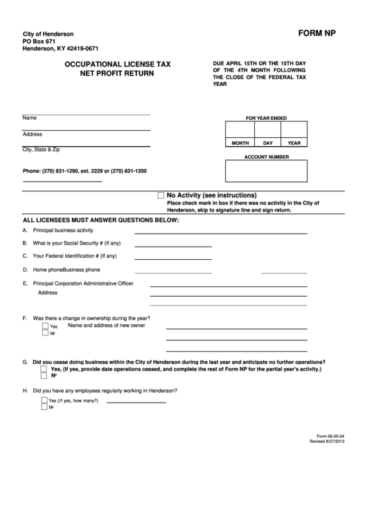 Form Np - Occupational License Tax Net Profit Return - City Of Henderson, Ky Printable pdf