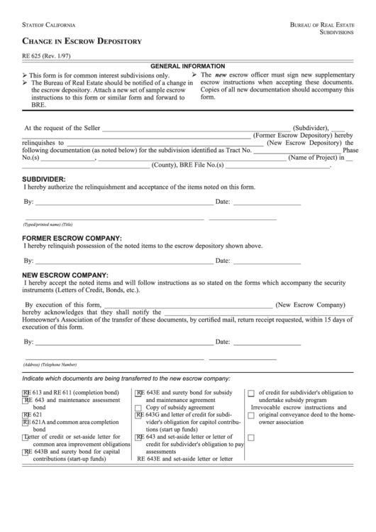 Fillable Form Re 625 - Change In Escrow Depository Template Printable pdf