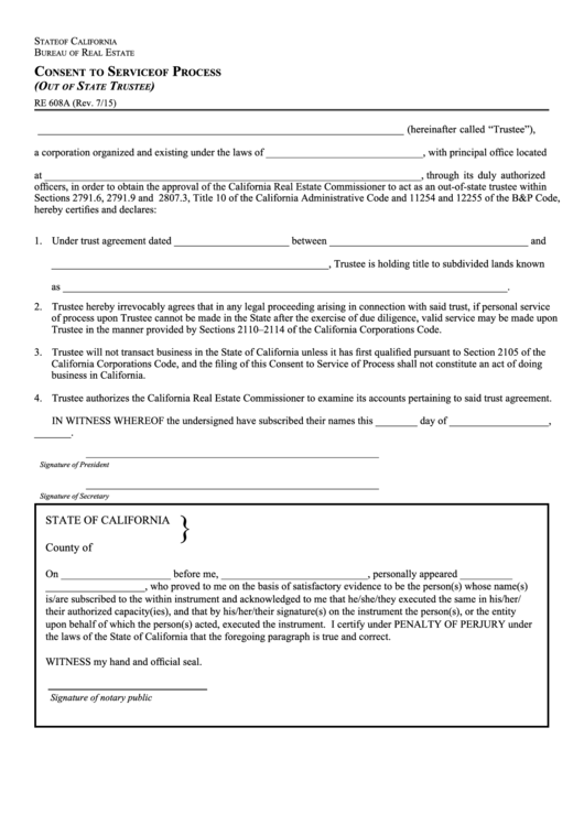 Fillable Form Re 608a - Consent To Service Of Process (Out Of State Trustee) - 2015 Printable pdf