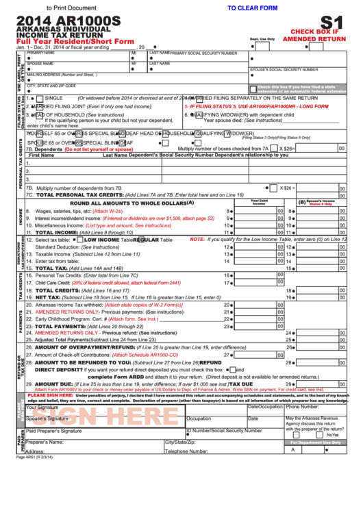 Fillable Form Ar1000s - Arkansas Individual Income Tax Return - 2014 Printable pdf
