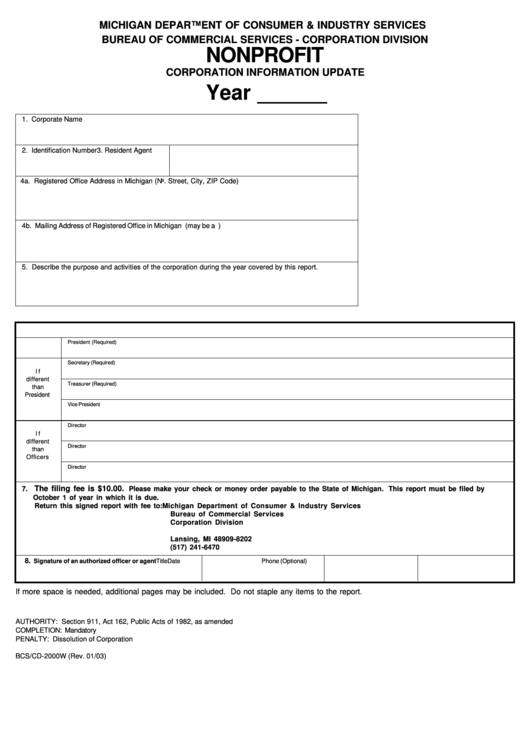 Form Bcs/cd-2000w - Corporation Information Update (2003) Printable pdf