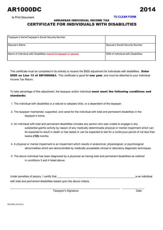 Fillable Form Ar1000dc - Arkansas Individual Income Tax Certificate For Individuals With Disabilities - 2014 Printable pdf
