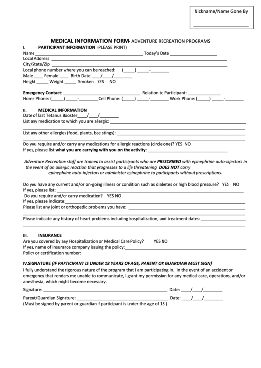 Fillable Medical Information Form - Adventure Recreation Programs Printable pdf