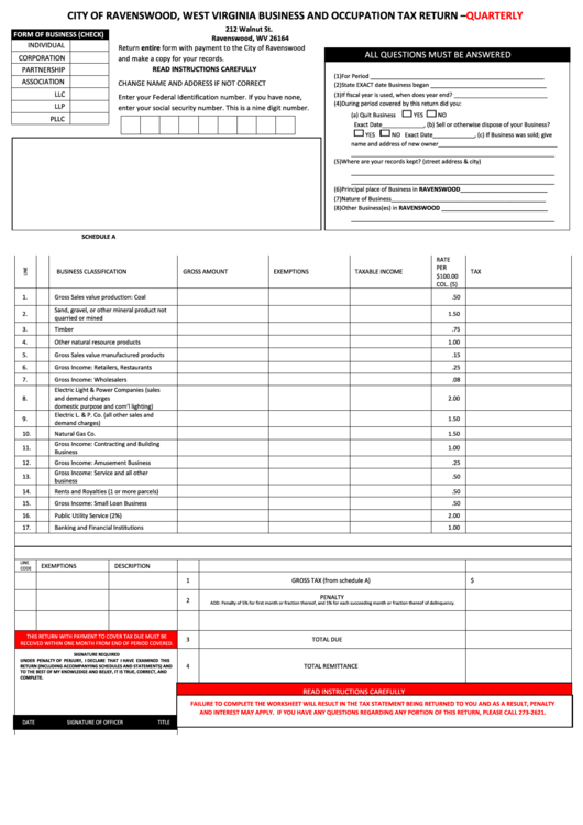 West Virginia Business And Occupation Tax Return - Quarterly Report Form Printable pdf
