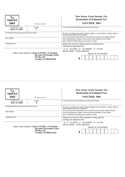 Fillable Nj-1040es Form - Gross Income Tax Declaration Of Estimated Tax Vouchers 2004 Printable pdf